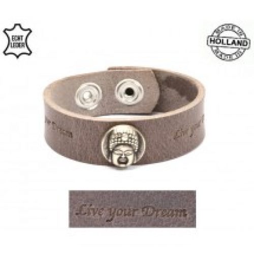 Lederen heren armband boeddha bruin-grijs live your dream