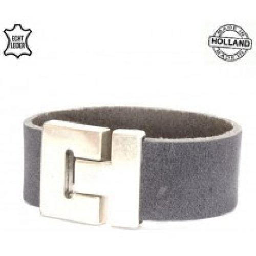 lederen heren armband met grote magnetische haaksluiting grijs