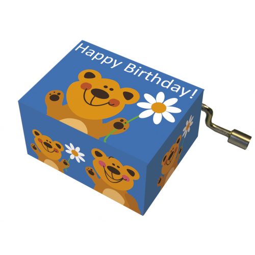 Muziekdoosje verjaardag blauw met beer en melodie Happy Birthday