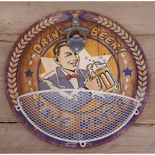 Bier flesopener hout rond met opvang mand