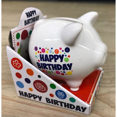 Mini spaarpot spaarvarken happy birthday van keramiek