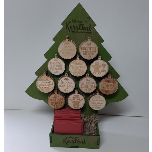 Display kerstboom 107x houten kerstballen met spreuk