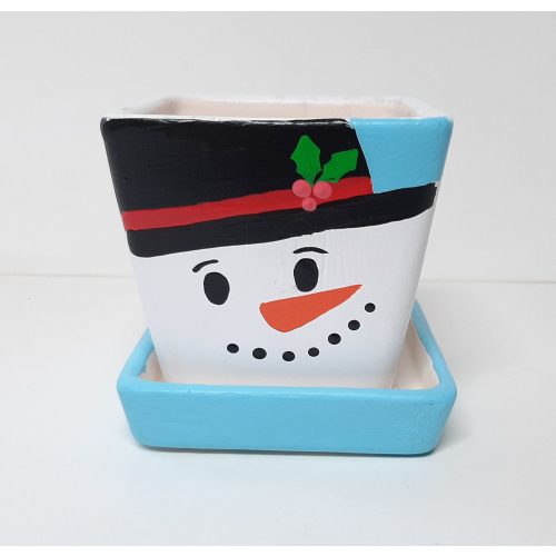 Fairtrade winter of kerst bloempotje waxinelichtje hoofd sneeuwman met schotel vierkant