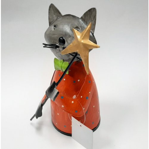 Faitrade metalen beeldje kat met ster op stok gemaakt van verfblikken