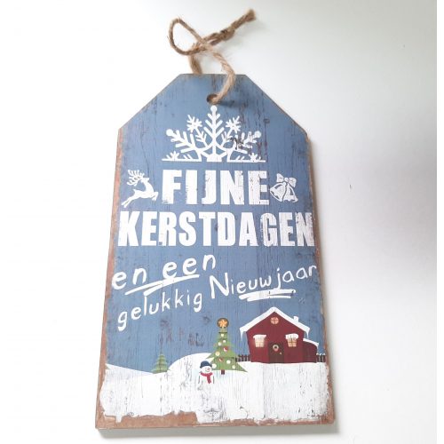 Houten tekstbord lichtblauw Fijne kerstdagen en een gelukkig nieuwjaar