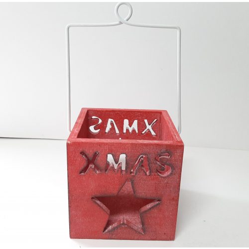 Houten waxinelichthouder kerst rood XMAS met hengsel
