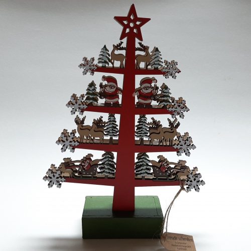Kerstboom rood kerstman en rendieren handgemaakt van houtsnijwerk met ledverlichting