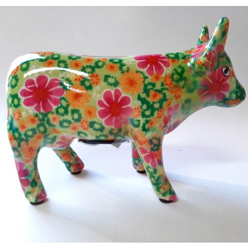 Spaarpot koe in groen met bloemenprint