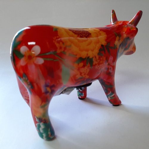 Spaarpot koe in rood met bloemenprint