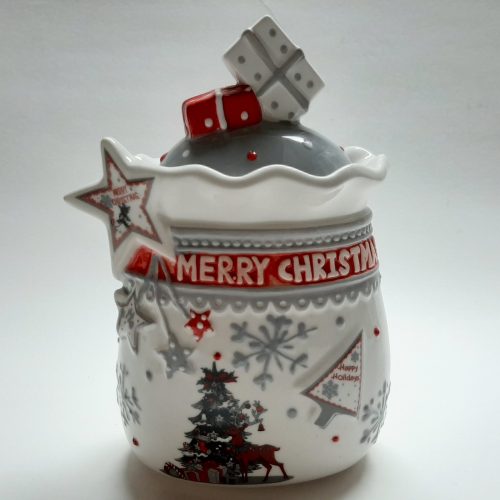 Voorraadbus kerst in wit met grijze deksel van keramiek met 3D cadeaus en ster